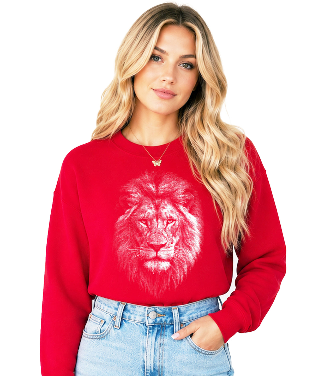 Distressed lion sweatshirt in Red, unisex crewneck, graphic close-up