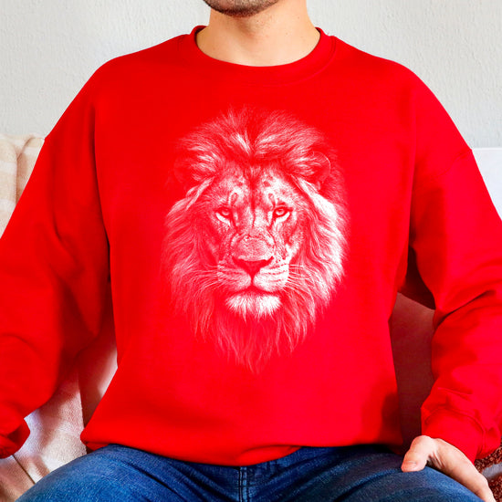 Distressed lion sweatshirt in Red, unisex crewneck, lifestyle view