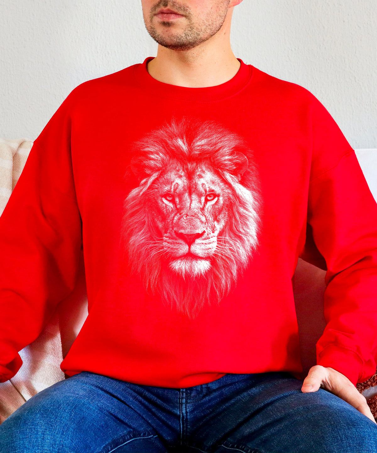 Distressed lion sweatshirt in Red, unisex crewneck, lifestyle view