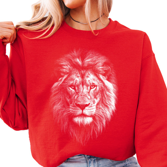Distressed lion sweatshirt in Red, unisex crewneck, detail view