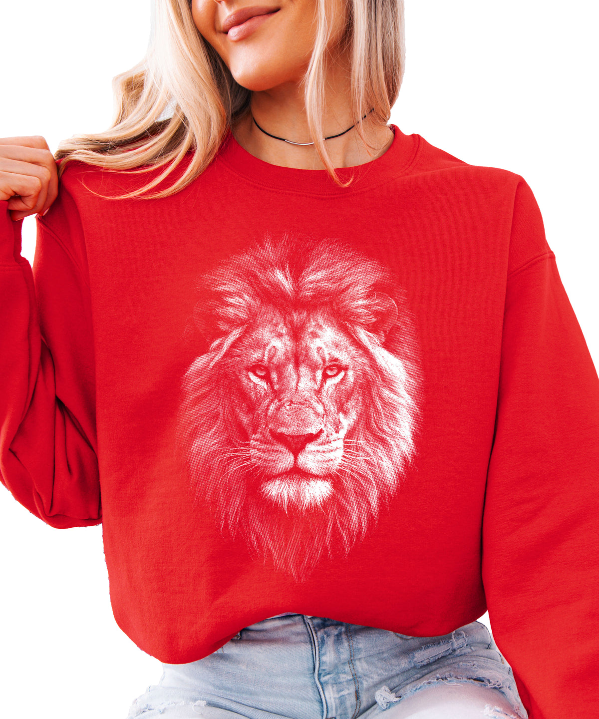 Distressed lion sweatshirt in Red, unisex crewneck, detail view