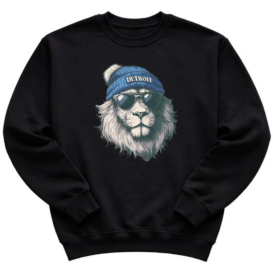 Lions school spirit sweatshirt with cool lion mascot graphic, black crewneck, adult size, view 1