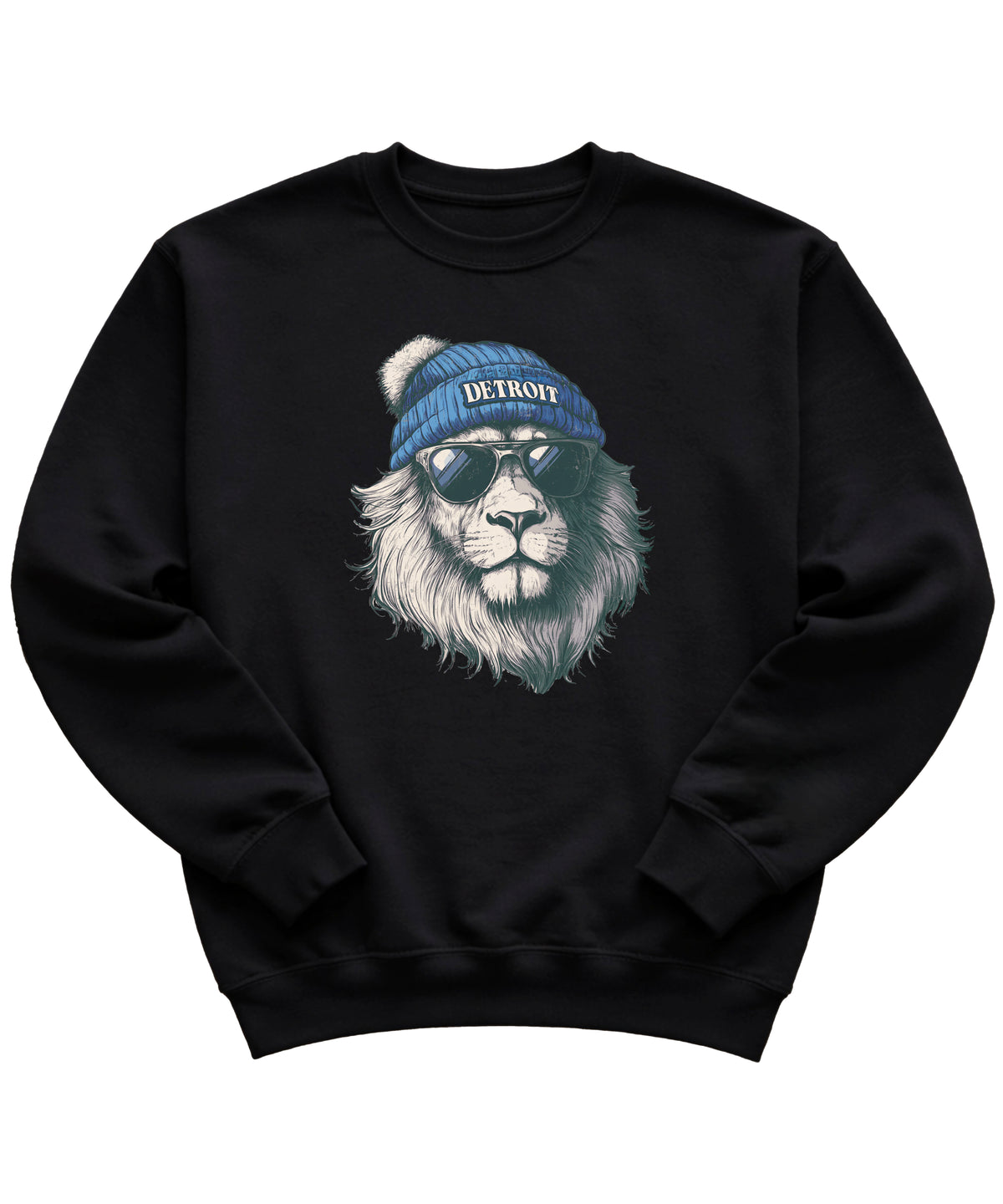 Lions school spirit sweatshirt with cool lion mascot graphic, black crewneck, adult size, view 1