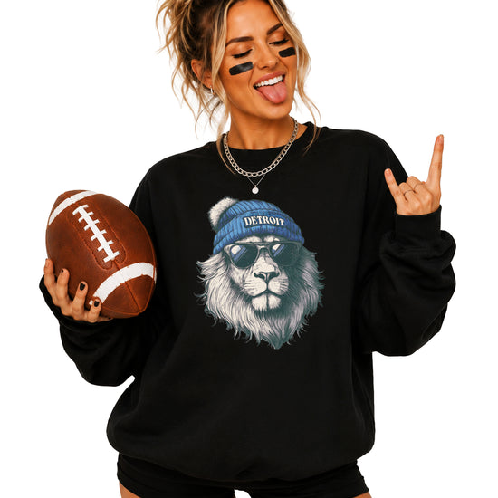 Lions school spirit sweatshirt with cool lion mascot graphic, black crewneck, adult size, view 2