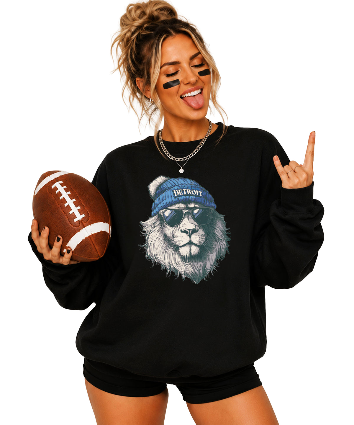 Lions school spirit sweatshirt with cool lion mascot graphic, black crewneck, adult size, view 2