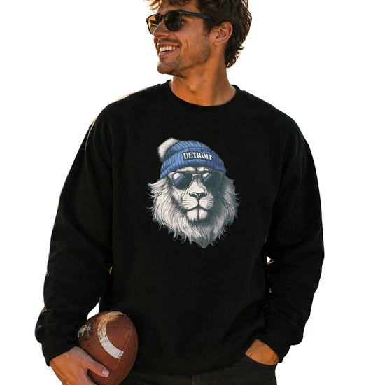Lions school spirit sweatshirt with cool lion mascot graphic, black crewneck, adult size, view 3