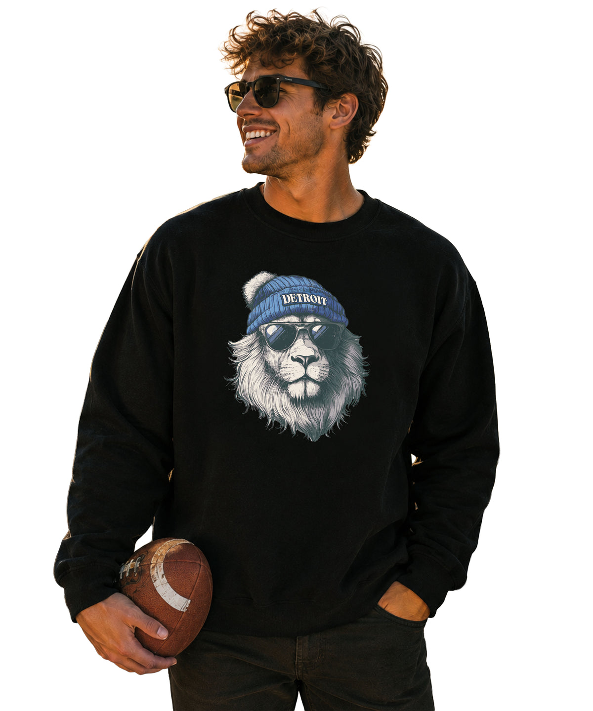 Lions school spirit sweatshirt with cool lion mascot graphic, black crewneck, adult size, view 3