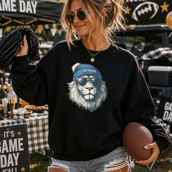 Lions school spirit sweatshirt with cool lion mascot graphic, black crewneck, adult size, view 4
