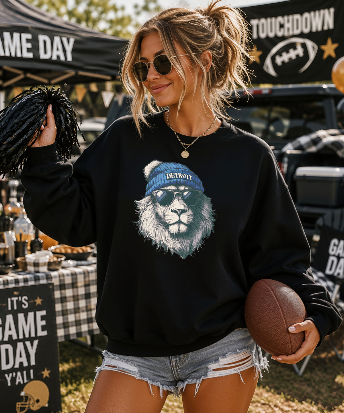 Lions school spirit sweatshirt with cool lion mascot graphic, black crewneck, adult size, view 4
