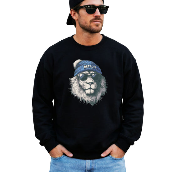 Lions school spirit sweatshirt with cool lion mascot graphic, black crewneck, adult size, view 5
