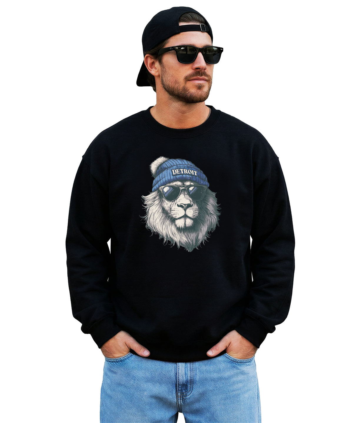 Lions school spirit sweatshirt with cool lion mascot graphic, black crewneck, adult size, view 5