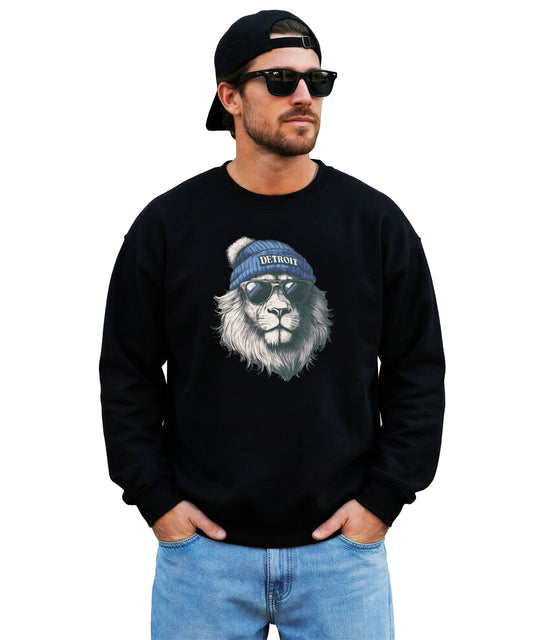 Lions school spirit sweatshirt with cool lion mascot graphic, black crewneck, adult size, view 5