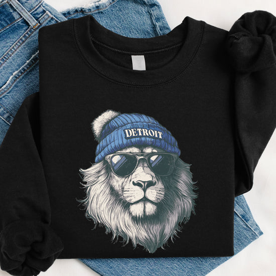 Lions school spirit sweatshirt with cool lion mascot graphic, black crewneck, adult size, view 6