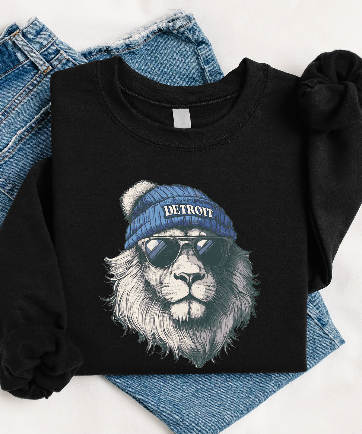 Lions school spirit sweatshirt with cool lion mascot graphic, black crewneck, adult size, view 6