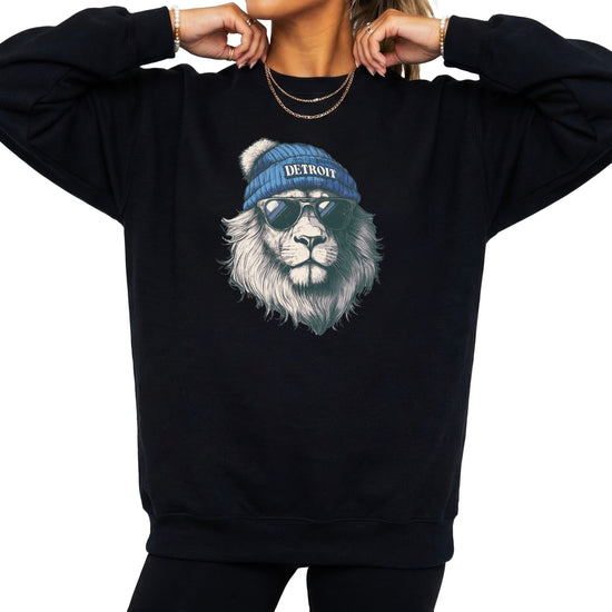 Lions school spirit sweatshirt with cool lion mascot graphic, black crewneck, adult size, view 7