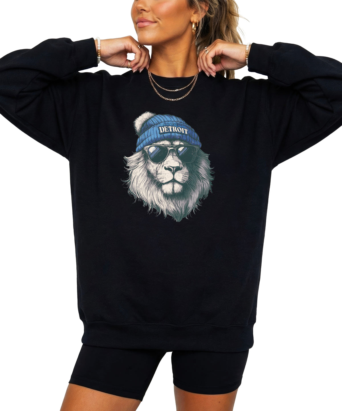 Lions school spirit sweatshirt with cool lion mascot graphic, black crewneck, adult size, view 7