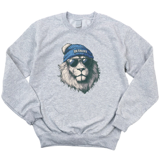 Lions school spirit sweatshirt with cool lion mascot graphic, gray crewneck, adult size, view 1