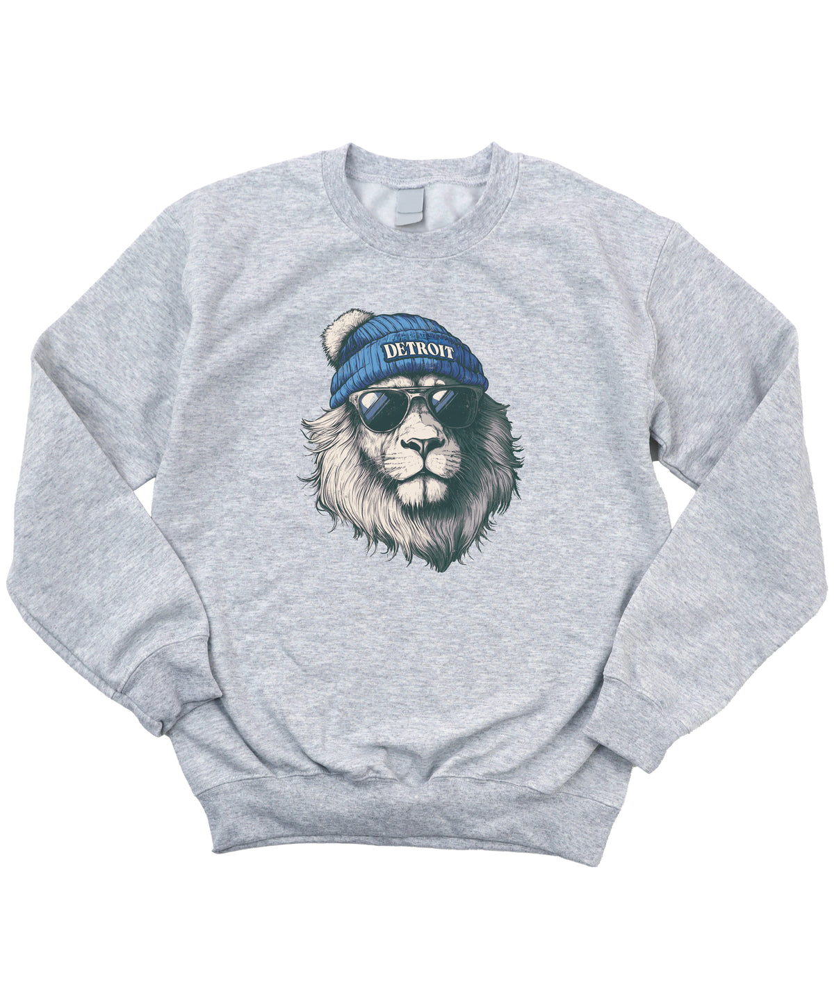 Lions school spirit sweatshirt with cool lion mascot graphic, gray crewneck, adult size, view 1