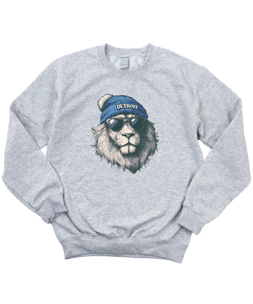 Lions school spirit sweatshirt with cool lion mascot graphic, gray crewneck, adult size, view 1