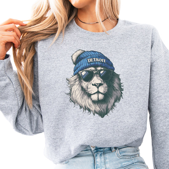 Lions school spirit sweatshirt with cool lion mascot graphic, gray crewneck, adult size, view 2