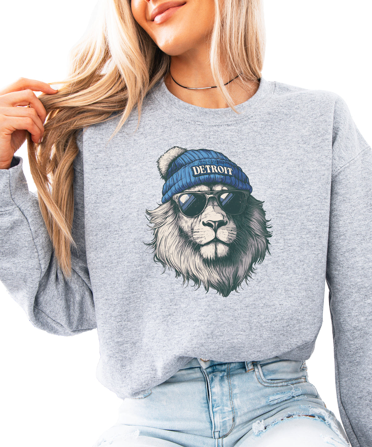 Lions school spirit sweatshirt with cool lion mascot graphic, gray crewneck, adult size, view 2