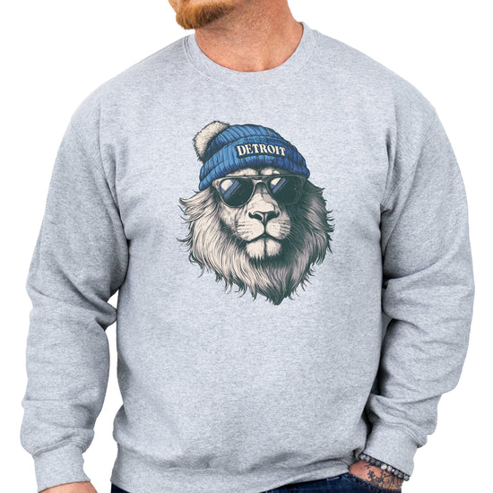 Lions school spirit sweatshirt with cool lion mascot graphic, gray crewneck, adult size, view 3