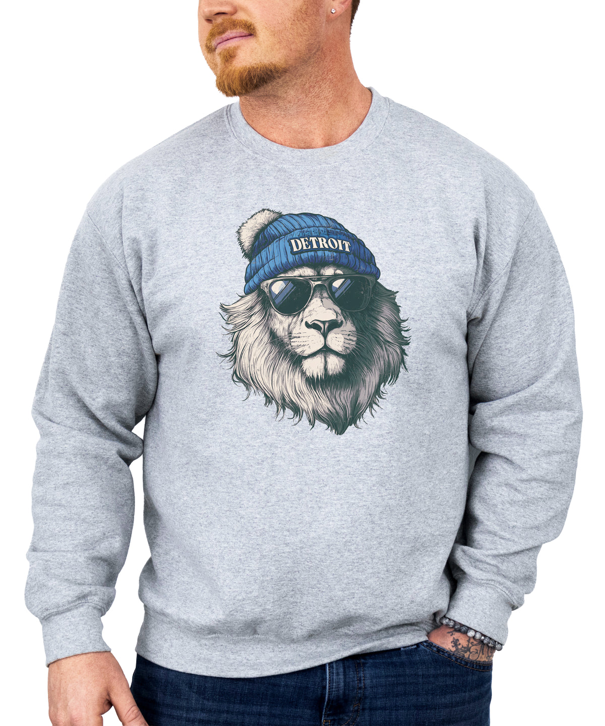 Lions school spirit sweatshirt with cool lion mascot graphic, gray crewneck, adult size, view 3