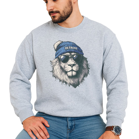 Lions school spirit sweatshirt with cool lion mascot graphic, gray crewneck, adult size, view 5