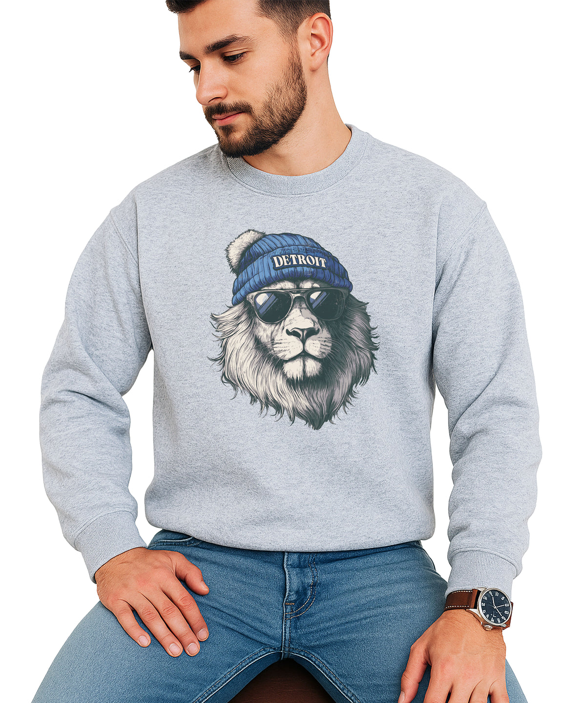Lions school spirit sweatshirt with cool lion mascot graphic, gray crewneck, adult size, view 5