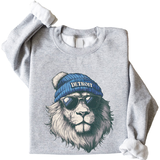 Lions school spirit sweatshirt with cool lion mascot graphic, gray crewneck, adult size, view 6