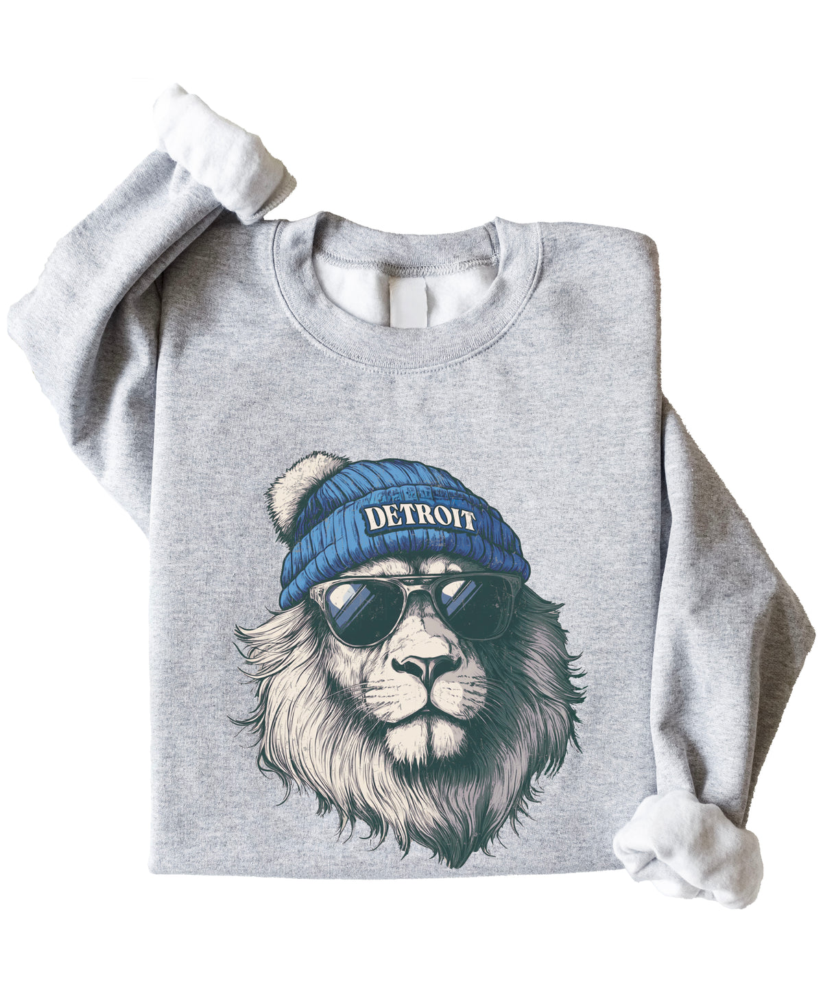 Lions school spirit sweatshirt with cool lion mascot graphic, gray crewneck, adult size, view 6