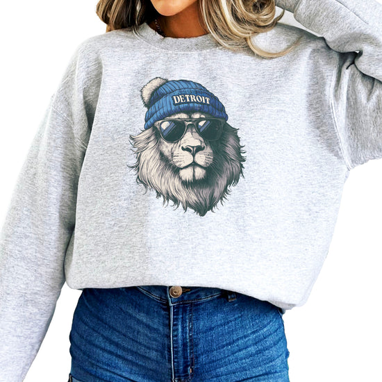 Lions school spirit sweatshirt with cool lion mascot graphic, gray crewneck, adult size, view 7