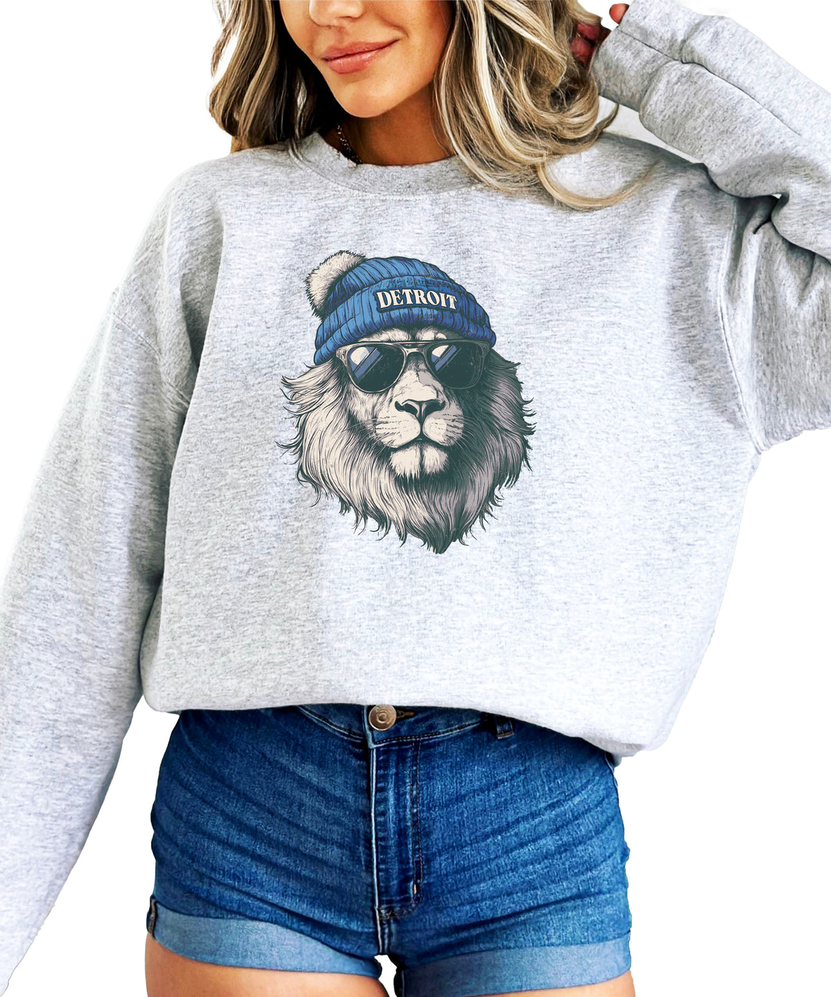 Lions school spirit sweatshirt with cool lion mascot graphic, gray crewneck, adult size, view 7
