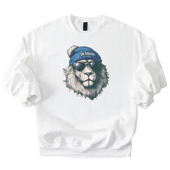 Lions school spirit sweatshirt with cool lion mascot graphic, white crewneck, adult size, view 1