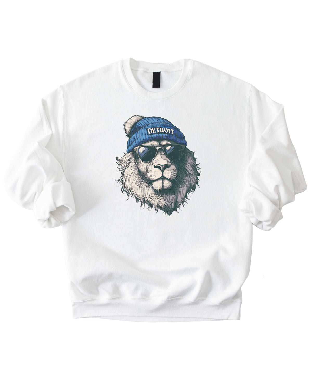 Lions school spirit sweatshirt with cool lion mascot graphic, white crewneck, adult size, view 1