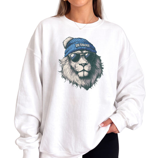 Lions school spirit sweatshirt with cool lion mascot graphic, white crewneck, adult size, view 2