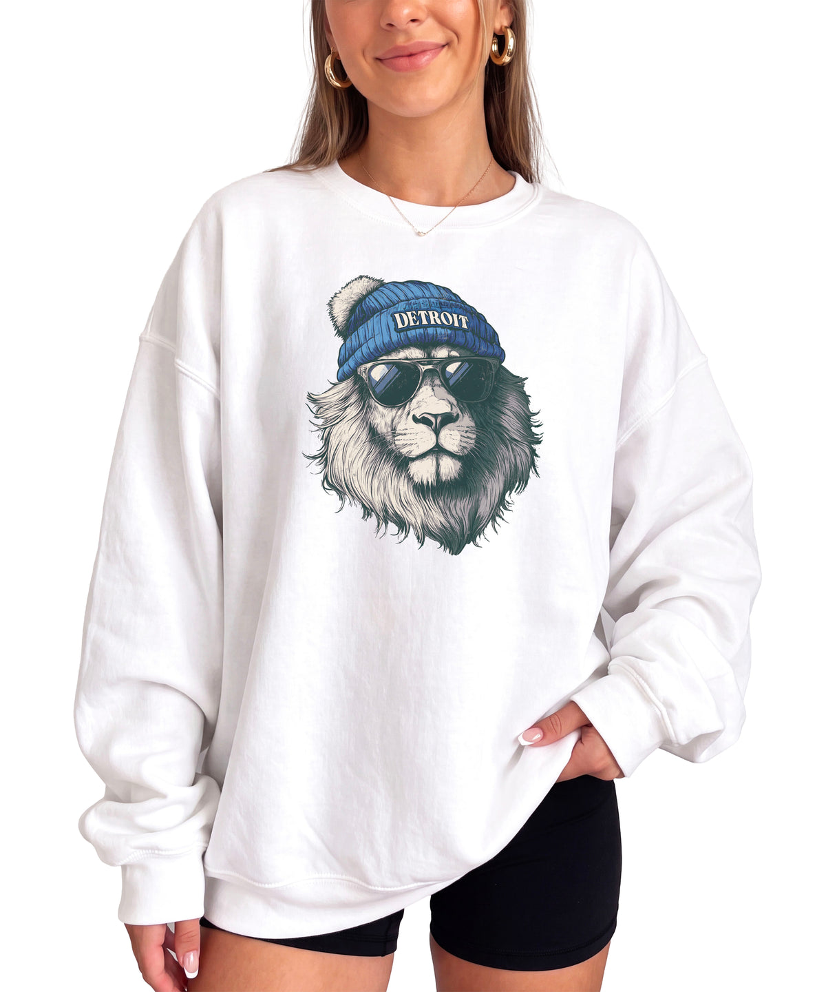 Lions school spirit sweatshirt with cool lion mascot graphic, white crewneck, adult size, view 2