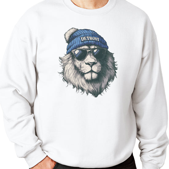 Lions school spirit sweatshirt with cool lion mascot graphic, white crewneck, adult size, view 3