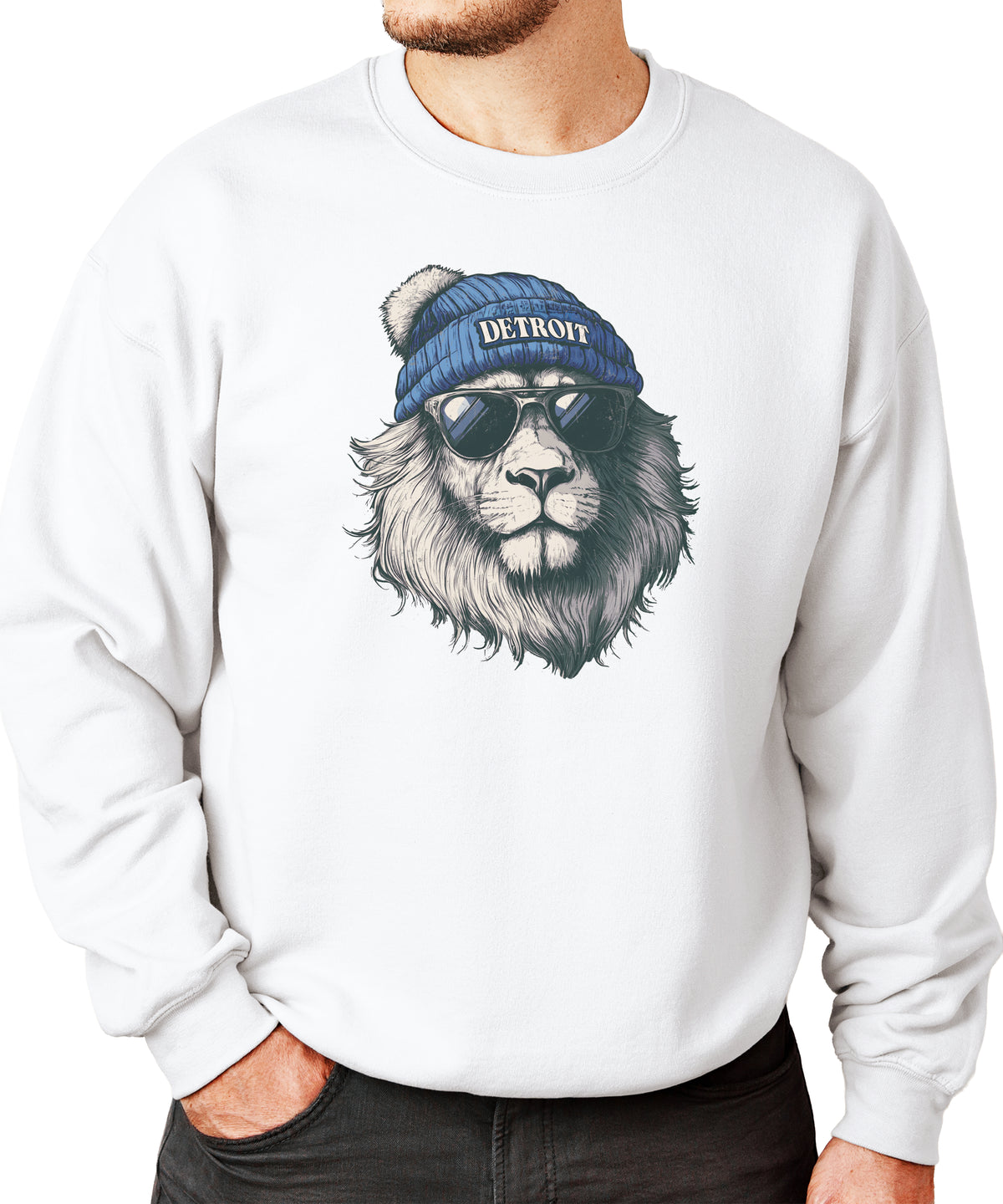 Lions school spirit sweatshirt with cool lion mascot graphic, white crewneck, adult size, view 3