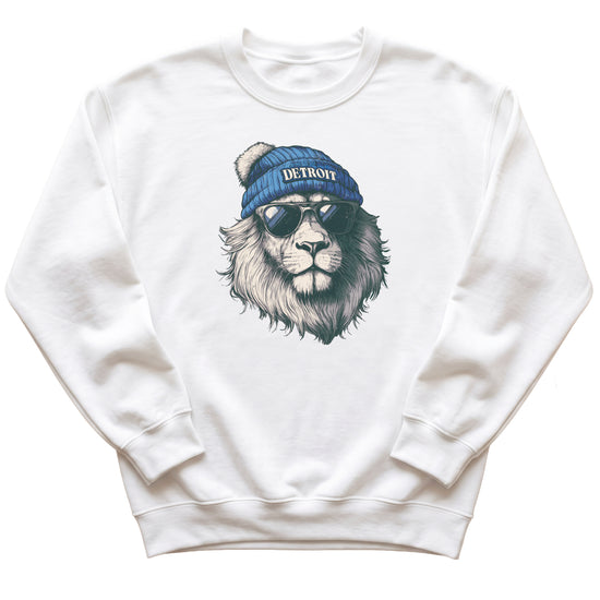 Lions school spirit sweatshirt with cool lion mascot graphic, white crewneck, adult size, view 4