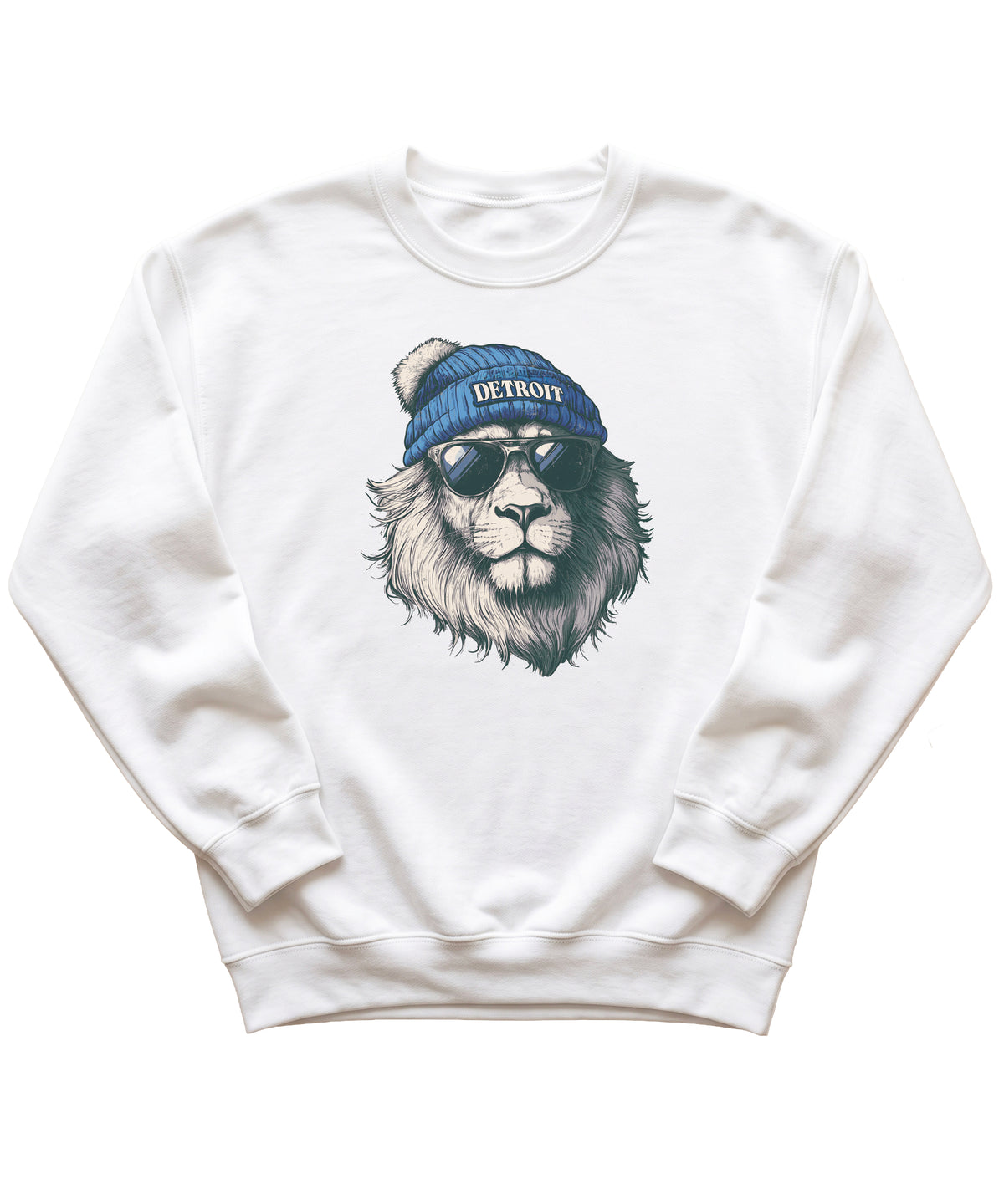 Lions school spirit sweatshirt with cool lion mascot graphic, white crewneck, adult size, view 4