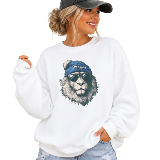 Lions school spirit sweatshirt with cool lion mascot graphic, white crewneck, adult size, view 5