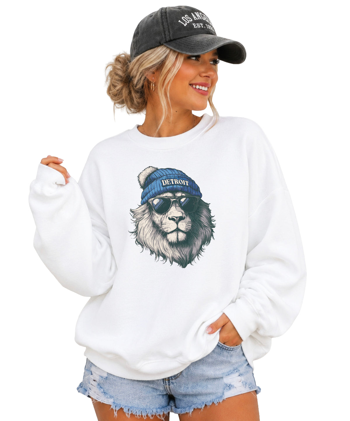 Lions school spirit sweatshirt with cool lion mascot graphic, white crewneck, adult size, view 5