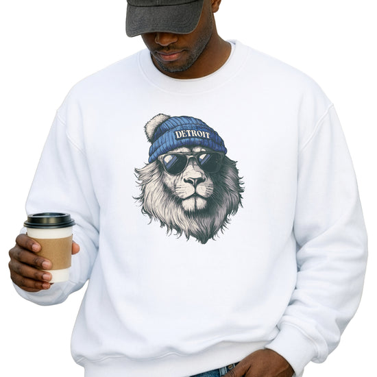 Lions school spirit sweatshirt with cool lion mascot graphic, white crewneck, adult size, view 6