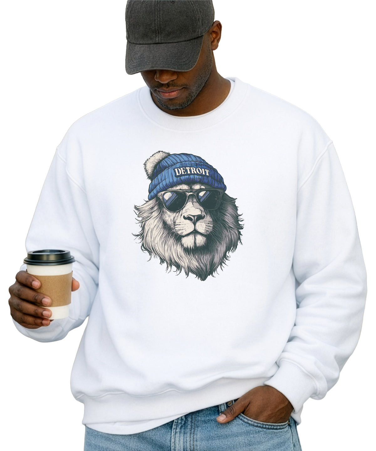 Lions school spirit sweatshirt with cool lion mascot graphic, white crewneck, adult size, view 6