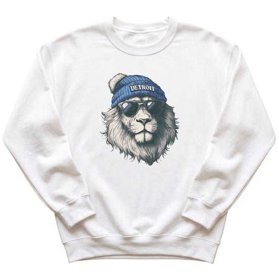 Lions school spirit sweatshirt with cool lion mascot graphic, white crewneck, adult size, view 7