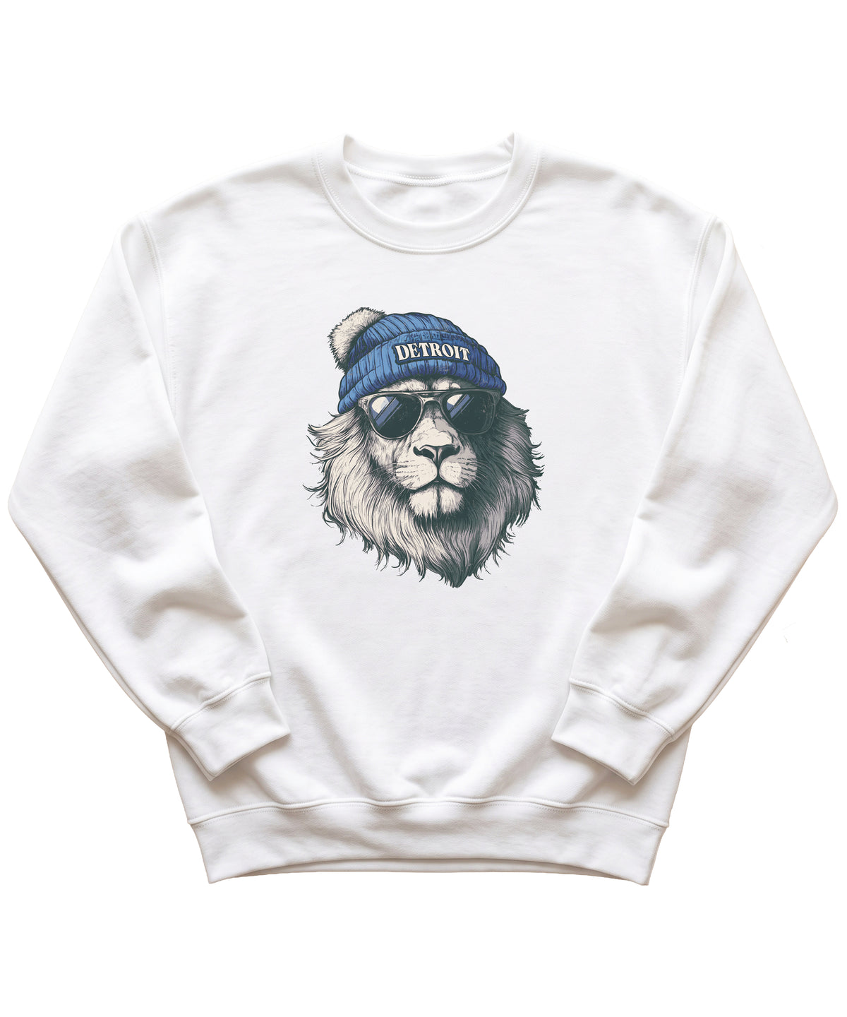 Lions school spirit sweatshirt with cool lion mascot graphic, white crewneck, adult size, view 7