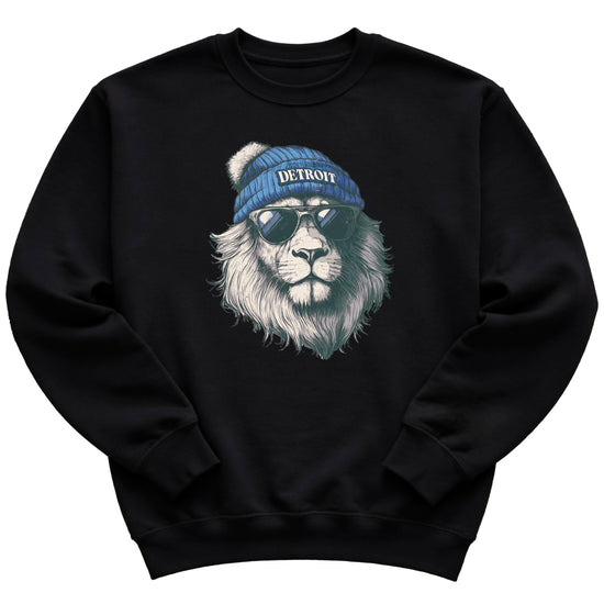 Lions school spirit sweatshirt with cool lion mascot graphic, black crewneck, youth and toddler size, view 1
