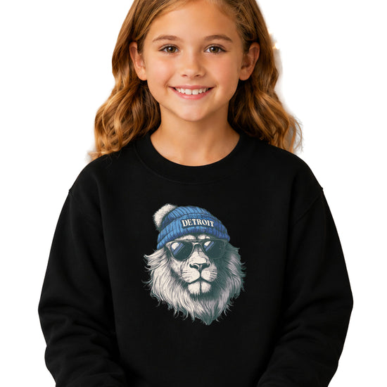 Lions school spirit sweatshirt with cool lion mascot graphic, black crewneck, youth and toddler size, view 2