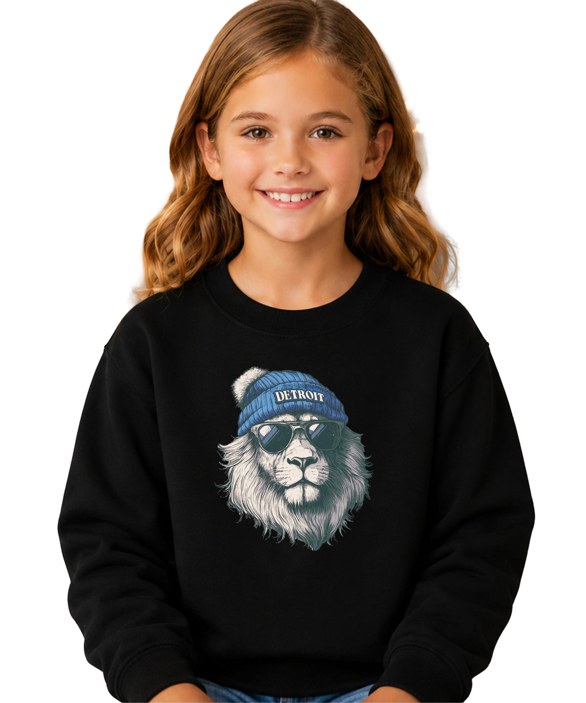 Lions school spirit sweatshirt with cool lion mascot graphic, black crewneck, youth and toddler size, view 2